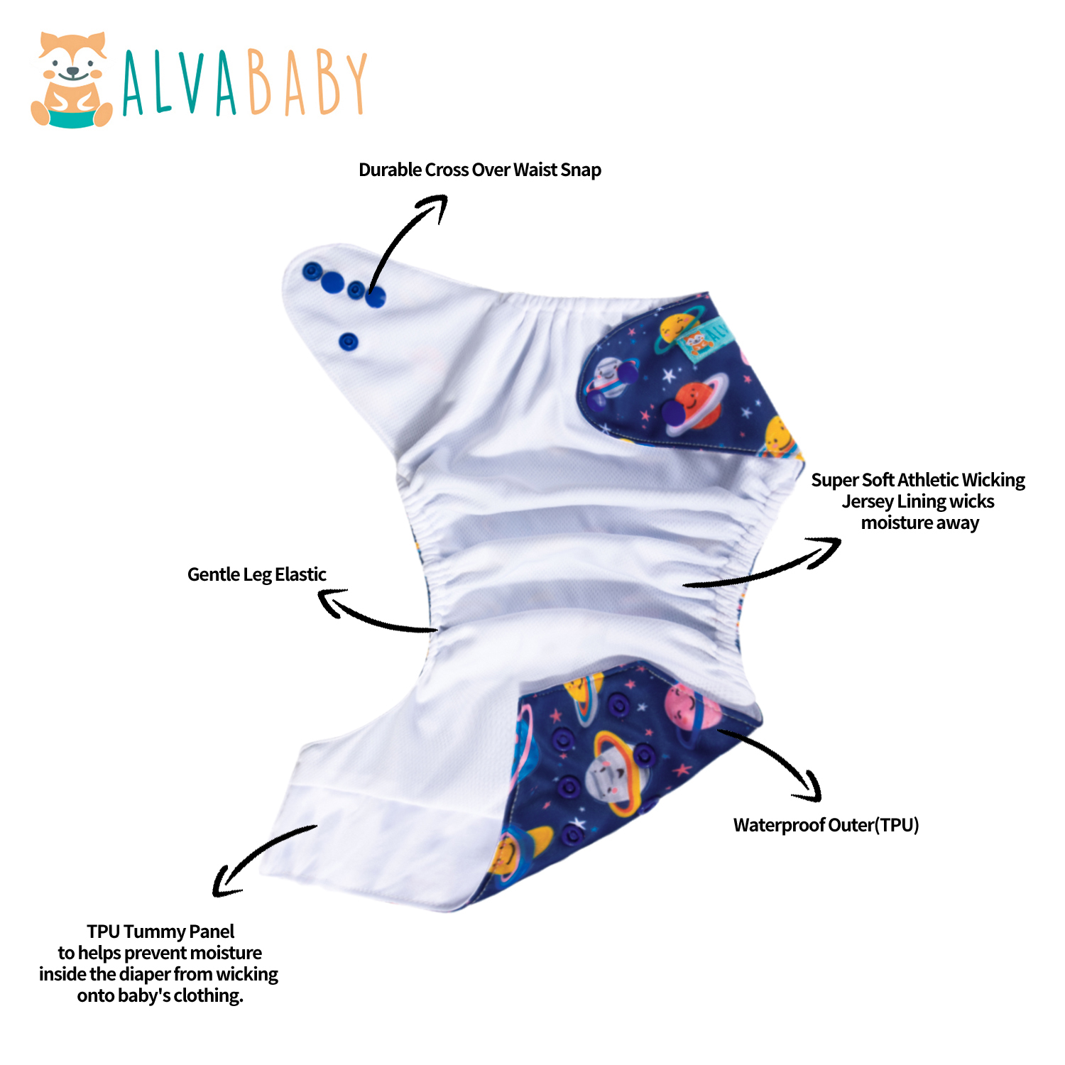 ALVABABY AWJ Lining Cloth Diaper with Tummy Panel for Babies -Planet(WJT-ED14A)