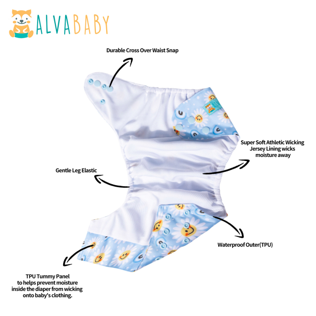 ALVABABY AWJ Lining Cloth Diaper with Tummy Panel for Babies -Flowers(WJT-H433A)