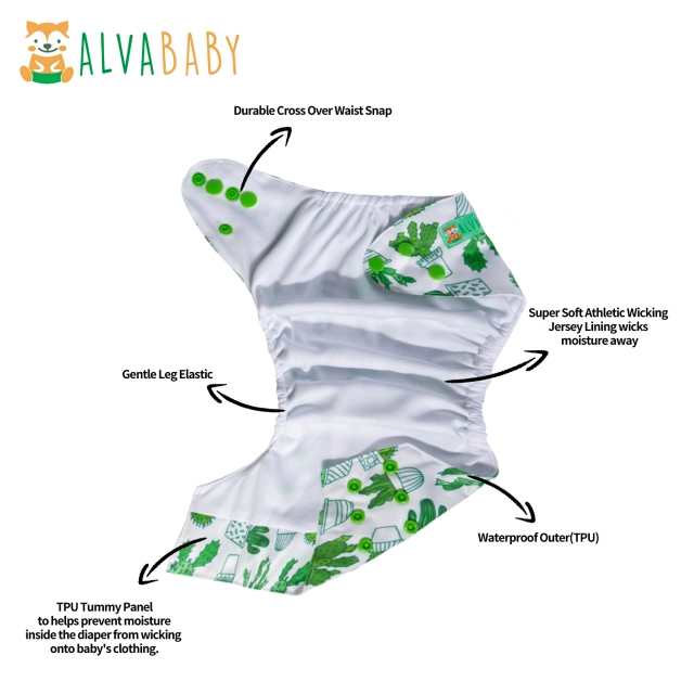 ALVABABY AWJ Lining Cloth Diaper with Tummy Panel for Babies -Cactus(WJT-H134A)