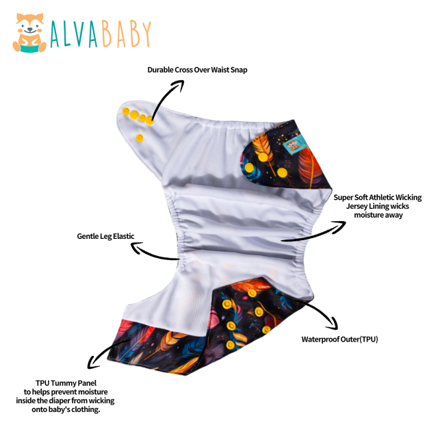 ALVABABY AWJ Lining Cloth Diaper with Tummy Panel for Babies -Feather(WJT-EW05A)