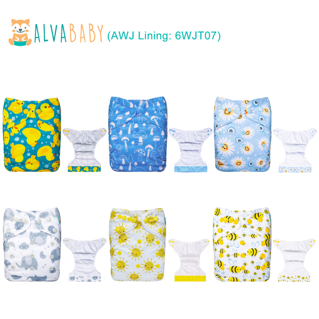 (All packs) ALVABABY 6PCS AWJ Diapers with Tummy Panels with 6PCS 4-layer-bamboo-inserts