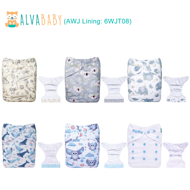 (All packs) ALVABABY 6PCS AWJ Diapers with Tummy Panels with 6PCS 4-layer-bamboo-inserts