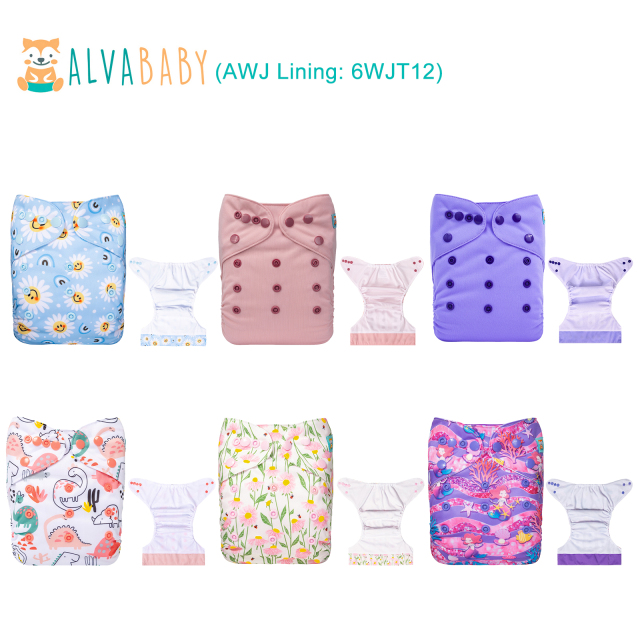 (All packs) ALVABABY 6PCS AWJ Diapers with Tummy Panels with 6PCS 4-layer-bamboo-inserts