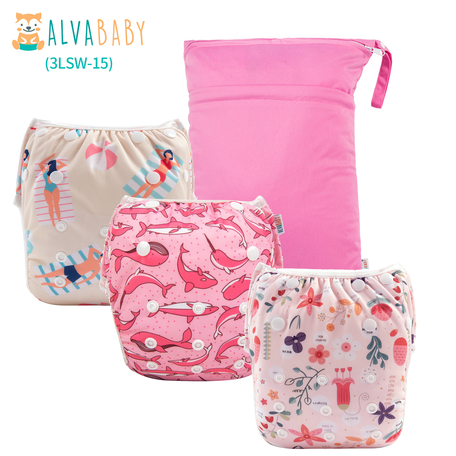 Bundle of 3 Reusable Swim Diapers with 1 Waterproof Wet Dry Bag