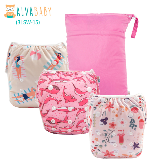 ALVABABY 3pcs Baby Swim Diapers with 1pcs Wet Bag Reuseable Washable Adjustable for Swimming Lesson & Baby Boy and Girl