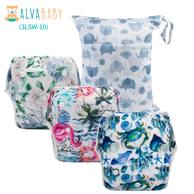 ALVABABY 3pcs Baby Swim Diapers with 1pcs Wet Bag Reuseable Washable Adjustable for Swimming Lesson & Baby Boy and Girl