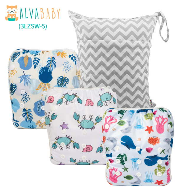 (All packs) 3PCS Baby Swim Diapers with 1PCS Wet Bag Reuseable Washable Adjustable for Swimming Lesson & Baby Boys and Girls