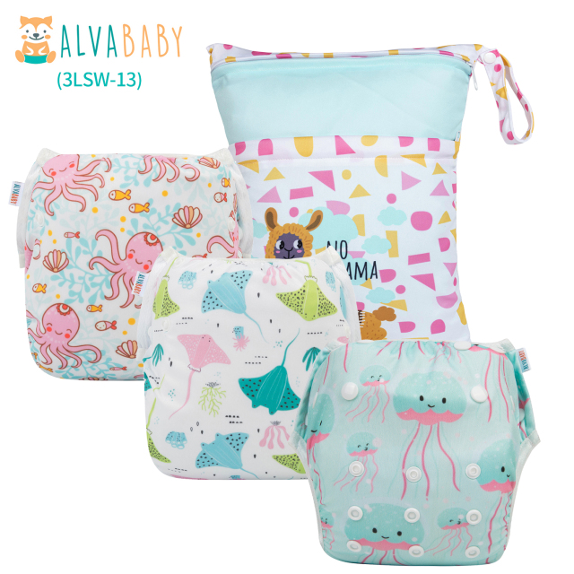 ALVABABY 3pcs Baby Swim Diapers with 1pcs Wet Bag Reuseable Washable Adjustable for Swimming Lesson & Baby Boy and Girl