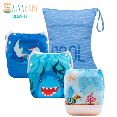 ALVABABY 3pcs Baby Swim Diapers with 1pcs Wet Bag Reuseable Washable Adjustable for Swimming Lesson & Baby Boy and Girl