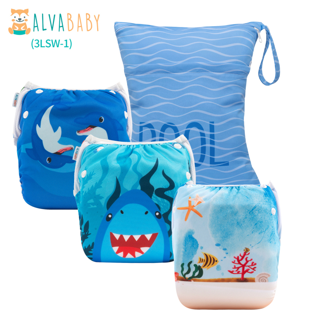 ALVABABY 3pcs Baby Swim Diapers with 1pcs Wet Bag Reuseable Washable Adjustable for Swimming Lesson & Baby Boy and Girl