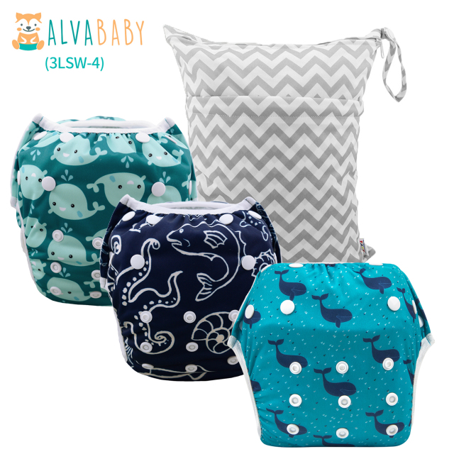 ALVABABY 3pcs Baby Swim Diapers with 1pcs Wet Bag Reuseable Washable Adjustable for Swimming Lesson & Baby Boy and Girl