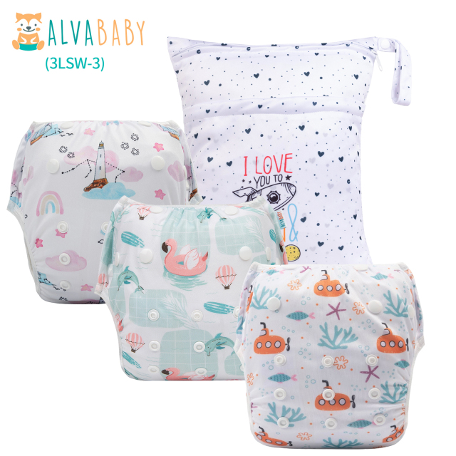 ALVABABY 3pcs Baby Swim Diapers with 1pcs Wet Bag Reuseable Washable Adjustable for Swimming Lesson & Baby Boy and Girl