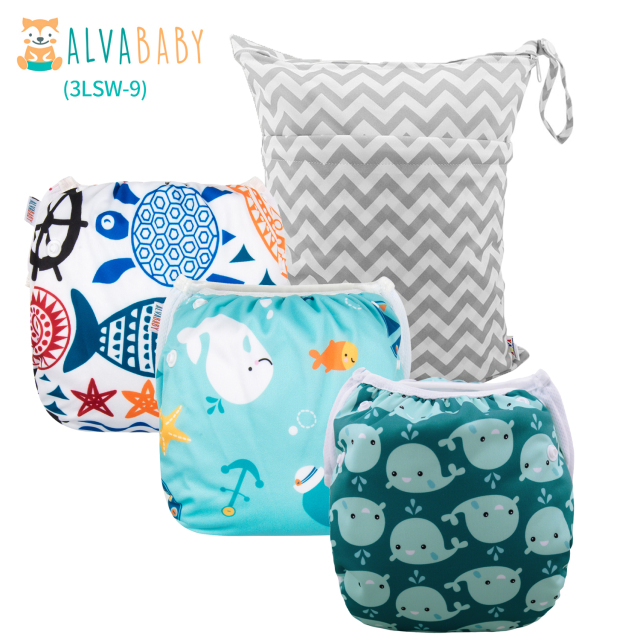 ALVABABY 3pcs Baby Swim Diapers with 1pcs Wet Bag Reuseable Washable Adjustable for Swimming Lesson & Baby Boy and Girl