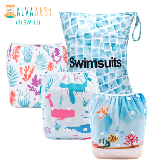 ALVABABY 3pcs Baby Swim Diapers with 1pcs Wet Bag Reuseable Washable Adjustable for Swimming Lesson & Baby Boy and Girl