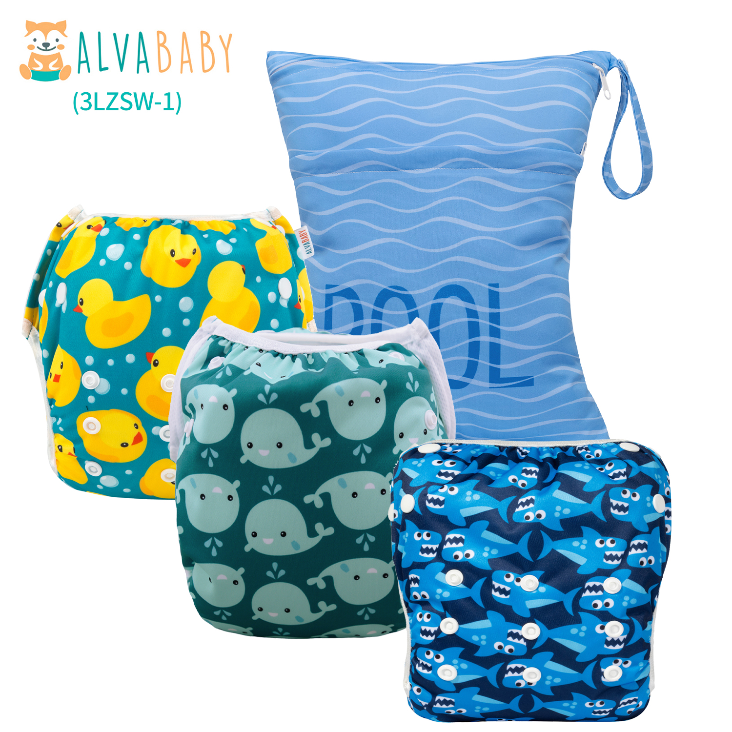 Bundle of 3 Reusable Swim Diapers with 1 Waterproof Wet Dry Bag