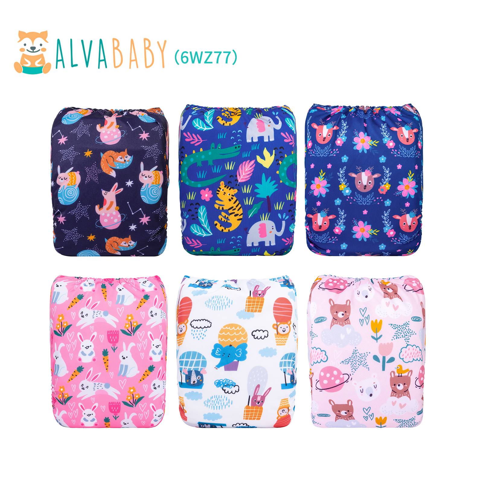 6-Pack Baby Cloth Diapers with 12 Bamboo Inserts - One Size Adjustable & Reusable Pocket Diapers for Infants & Toddlers