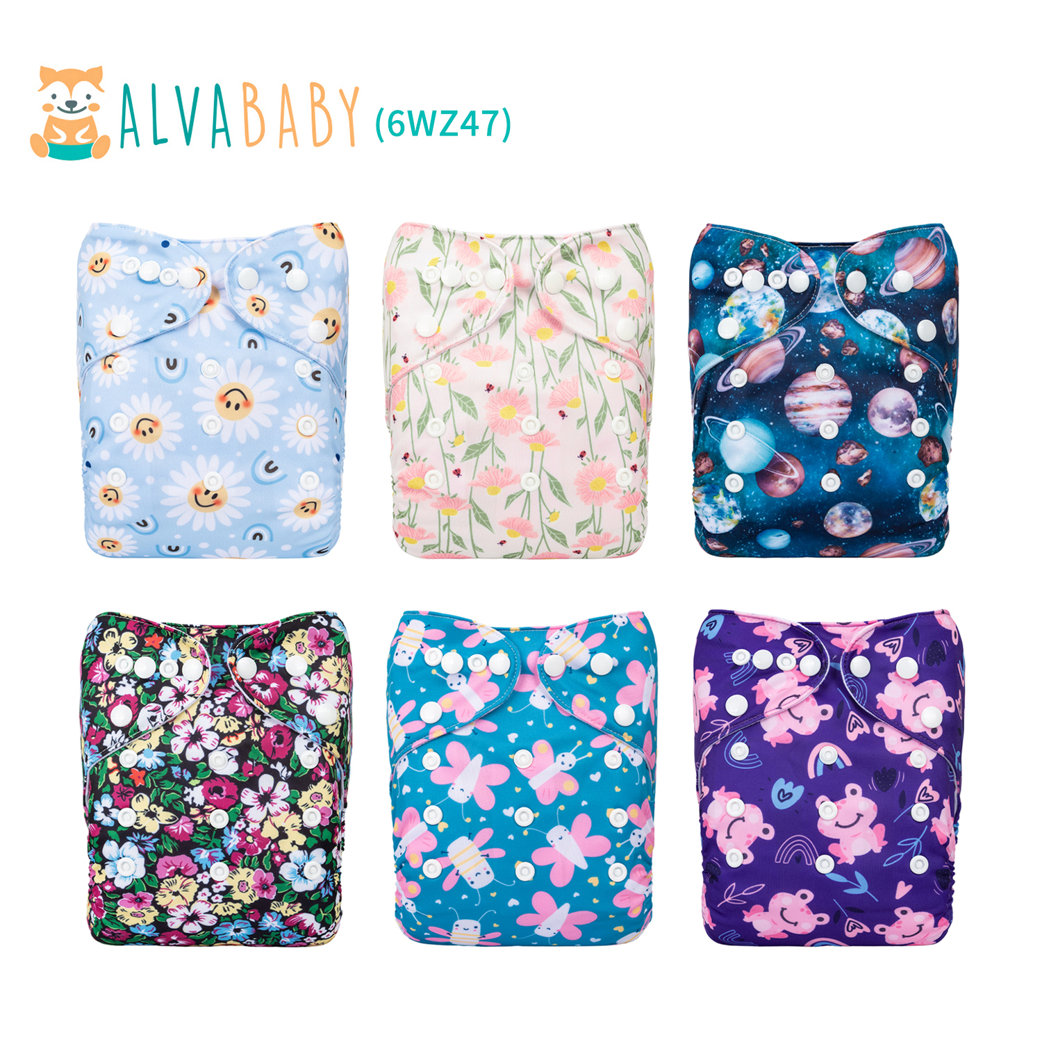 6-Pack Baby Cloth Diapers with 6 Microfiber Inserts - One Size Adjustable & Reusable Pocket Diapers for Infants & Toddlers