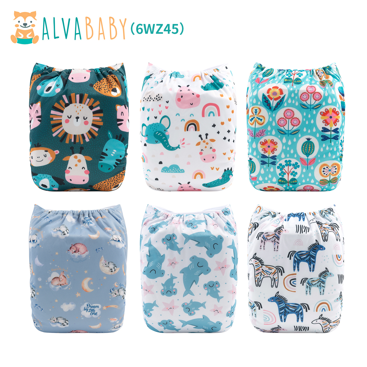 6-Pack Baby Cloth Diapers with 6 Microfiber Inserts - One Size Adjustable & Reusable Pocket Diapers for Infants & Toddlers