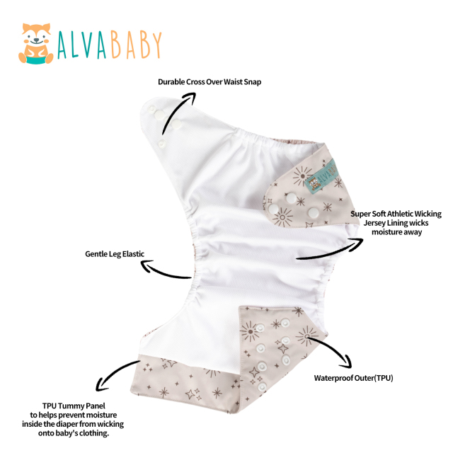 ALVABABY AWJ Lining Cloth Diaper with Tummy Panel for Babies -Star & Sun (WJT-EW09A)