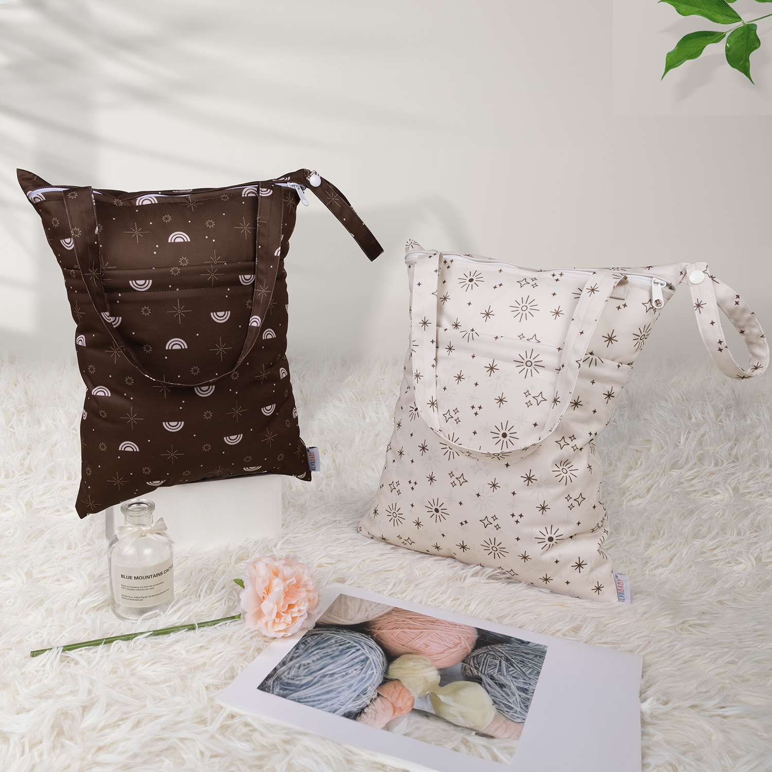 ALVABABY 2PCS Regular Tote Diaper Wet Dry Bags with Durable Handle Double Zippered Pockets Cloth Diaper Wet Bags Tote Bags Maillard Colors (LT-EW0910A)