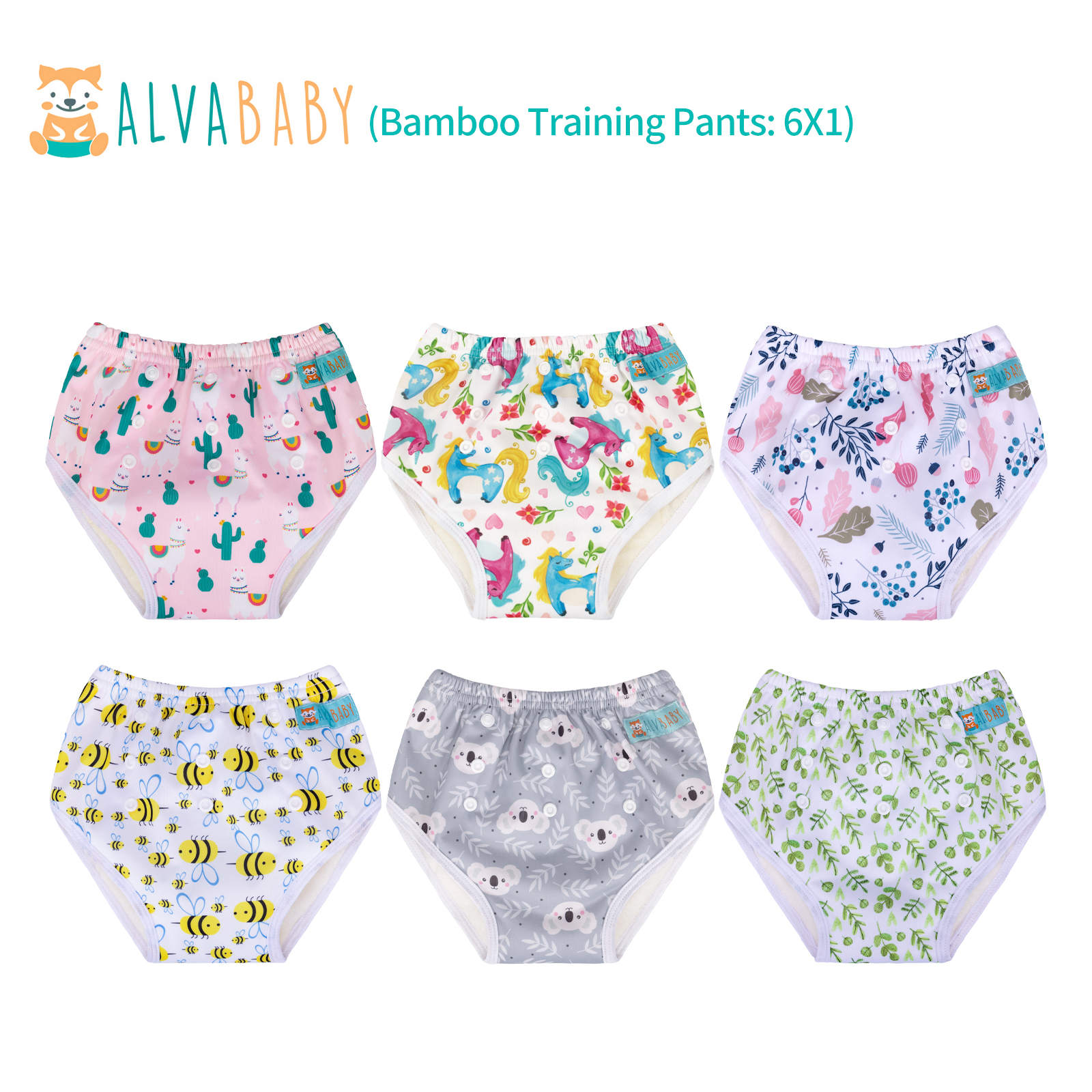 6-Pack Bamboo Training Pants – Adjustable & Reusable Potty Training Underwear for Toddlers (Various Pattern Sets)