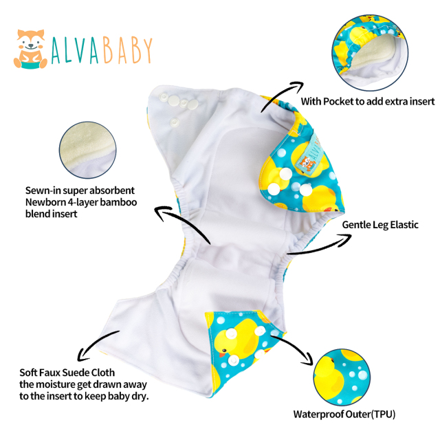 Newborn all In One Diaper with Pocket Sewn-in one Newborn 4-layer Bamboo blend insert-Duck(SAO-H114A)