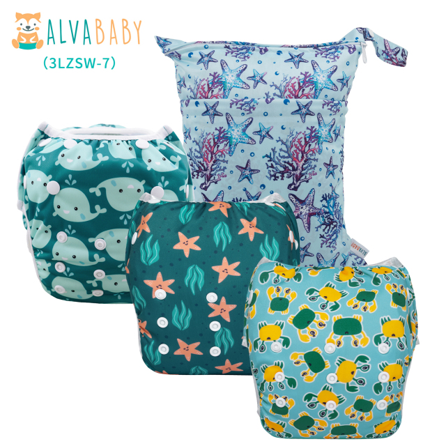 (All packs) 3PCS Baby Reusable Swim Diapers with 1PCS Wet Bag Reuseable Washable Adjustable for Swimming Lesson & Baby Boys and Girls