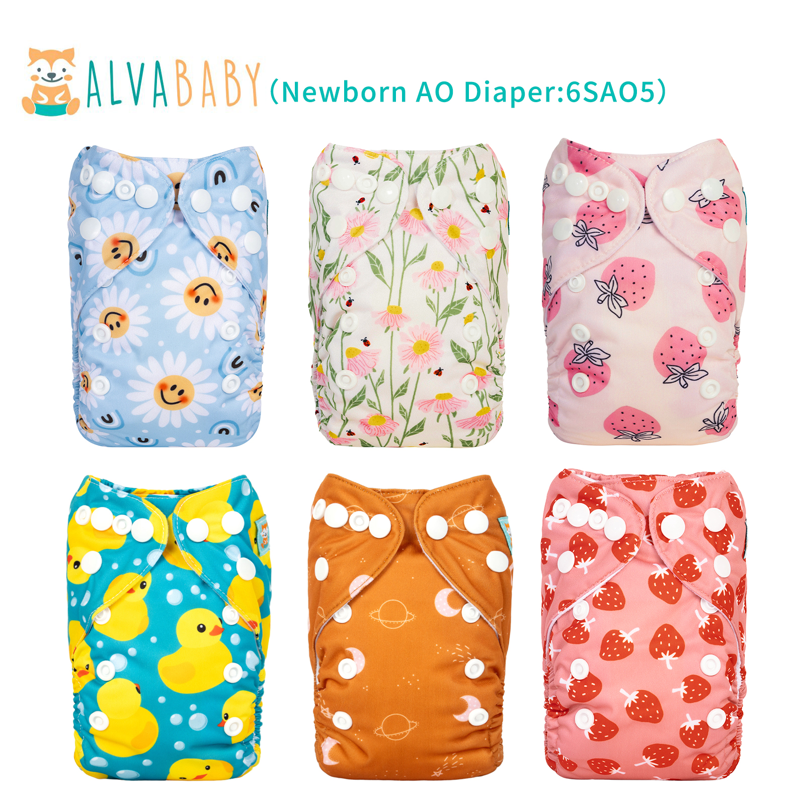 6-Pack Newborn Cloth Diapers with 6 Microfiber Inserts for Infants & Toddlers
