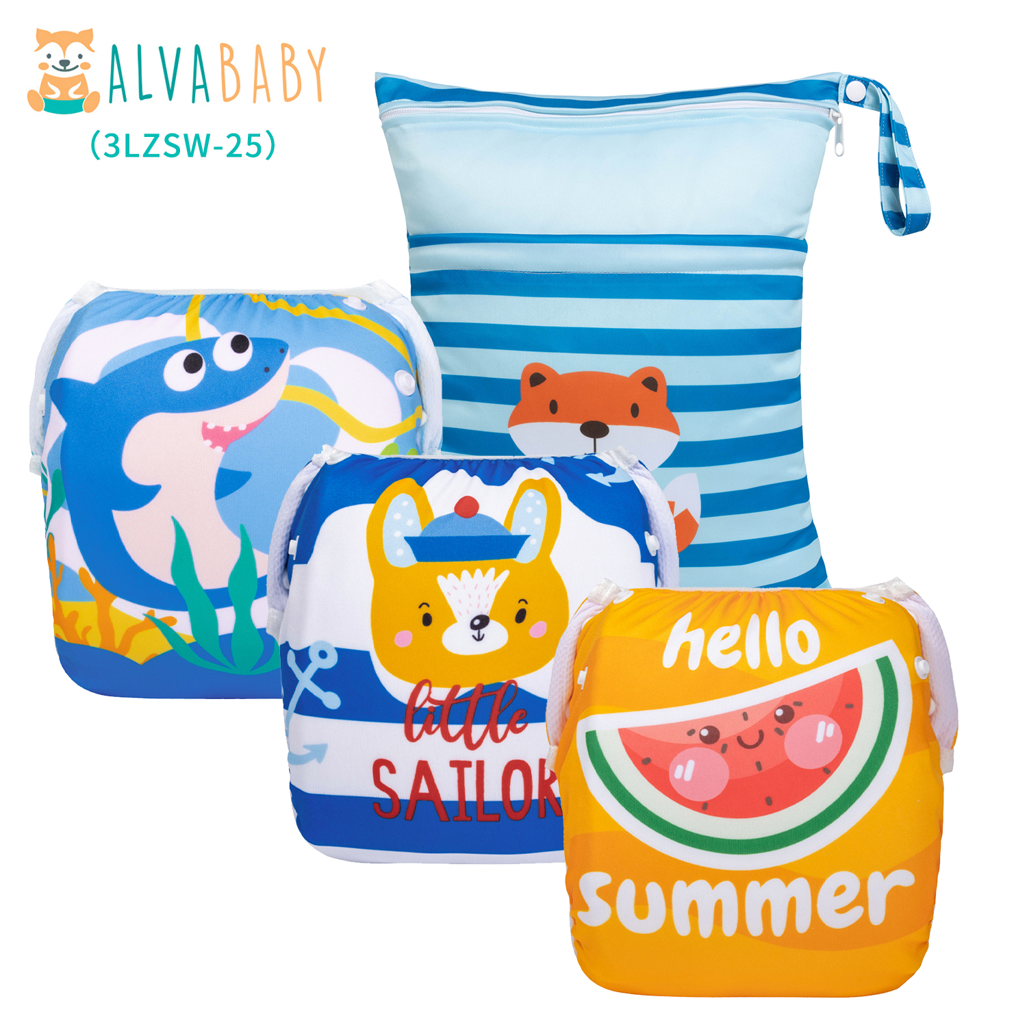 Bundle of 3 Reusable Swim Diapers with 1 Waterproof Wet Dry Bag