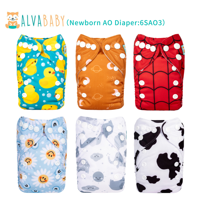 (All Packs) Newborn Cloth Diapers 6 Pack with 6 Microfiber Inserts Adjustable Washable Reusable for Baby Girls and Boys