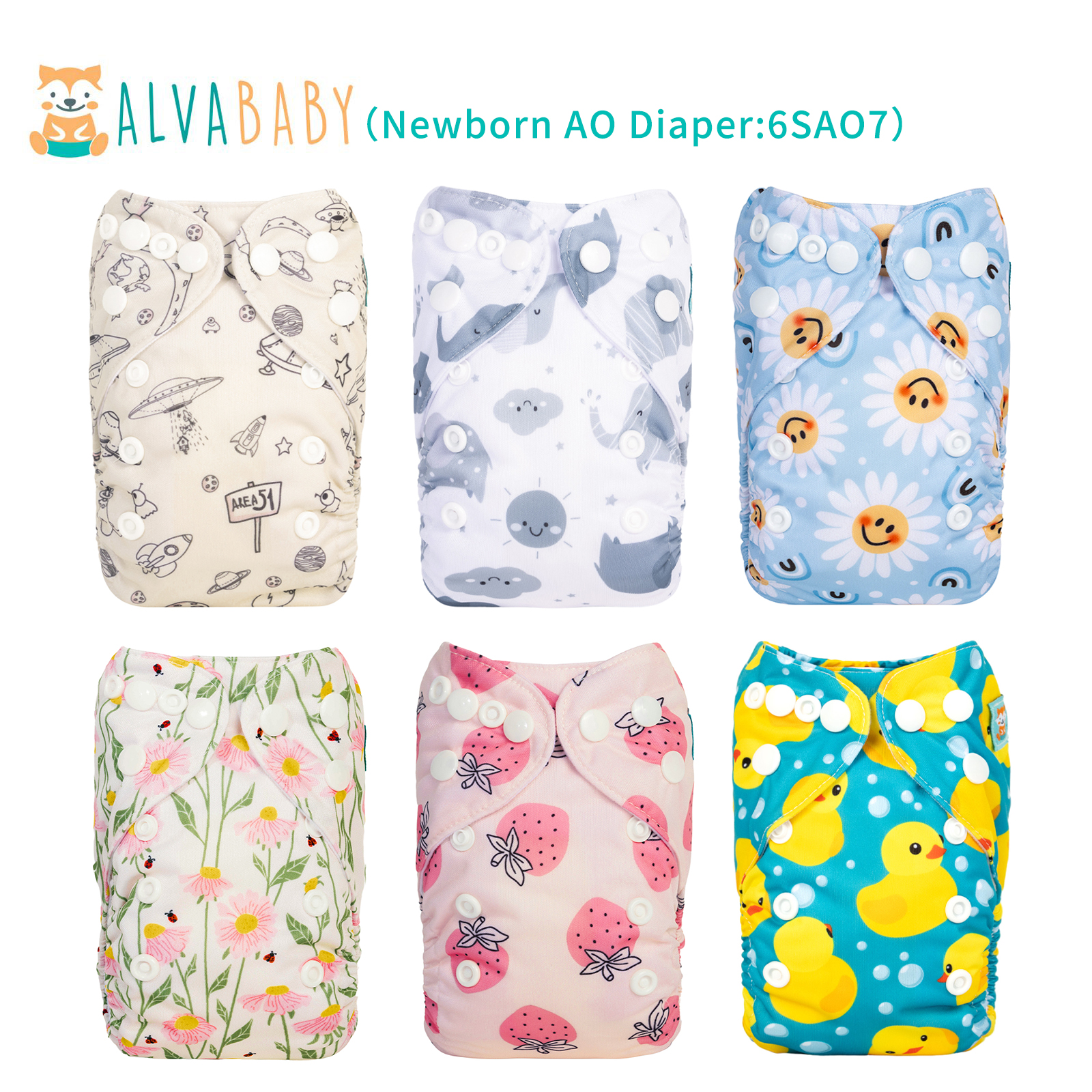 6-Pack Newborn Cloth Diapers with 6 Microfiber Inserts for Infants & Toddlers