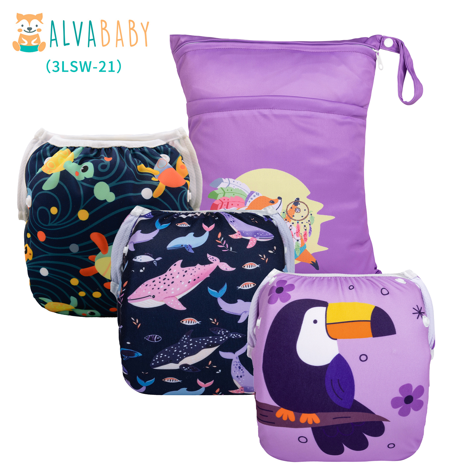 Bundle of 3 Reusable Swim Diapers with 1 Waterproof Wet Dry Bag