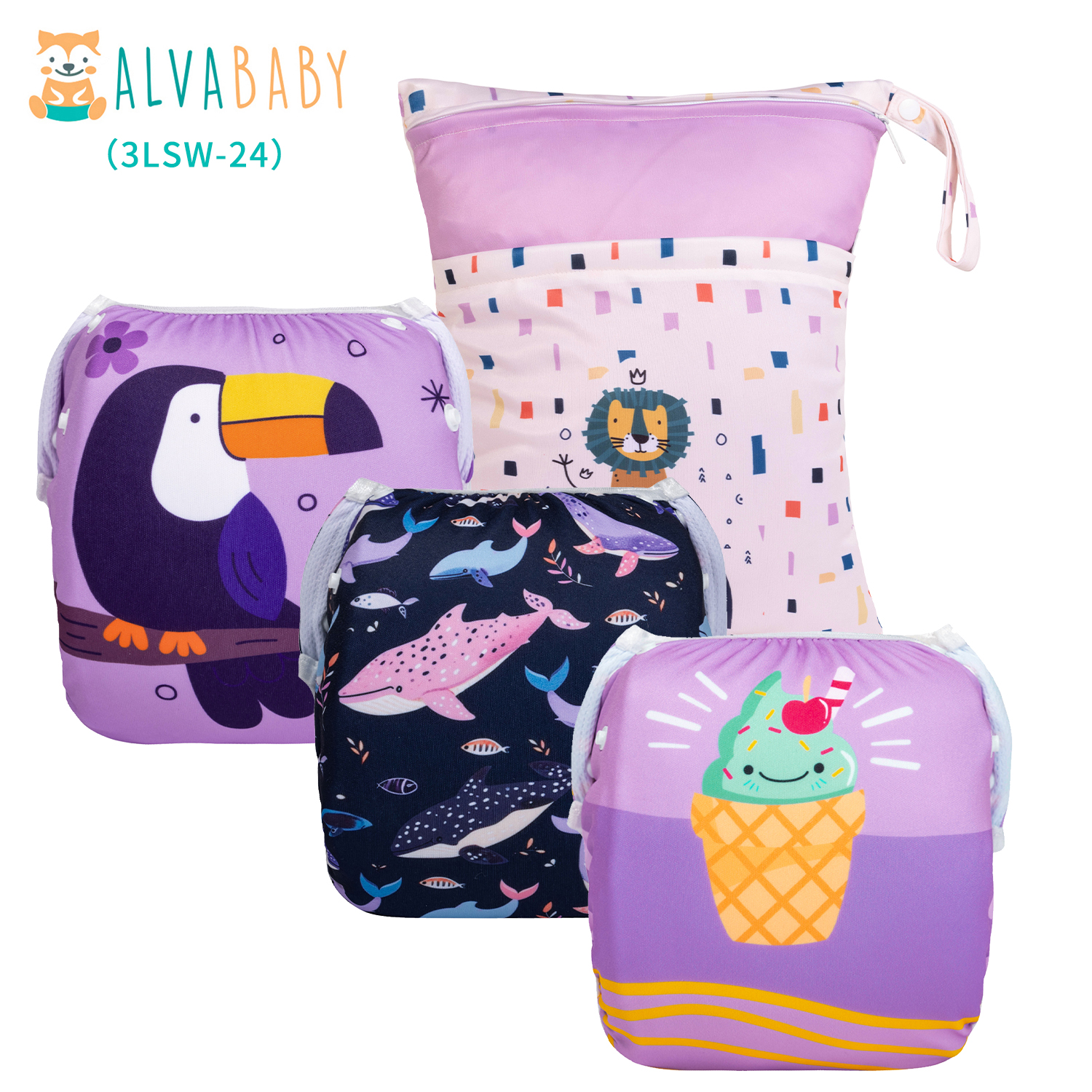 Bundle of 3 Reusable Swim Diapers with 1 Waterproof Wet Dry Bag