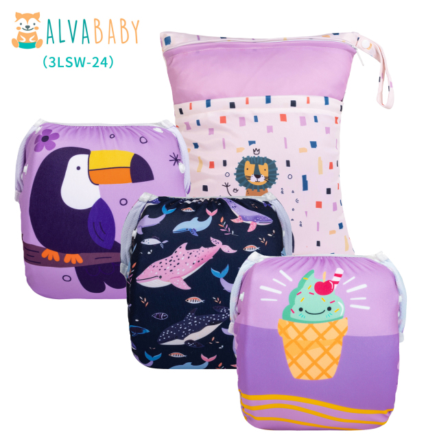 (All packs) 3PCS Baby Reusable Swim Diapers with 1PCS Wet Bag Reuseable Washable Adjustable for Swimming Lesson & Baby Boys and Girls