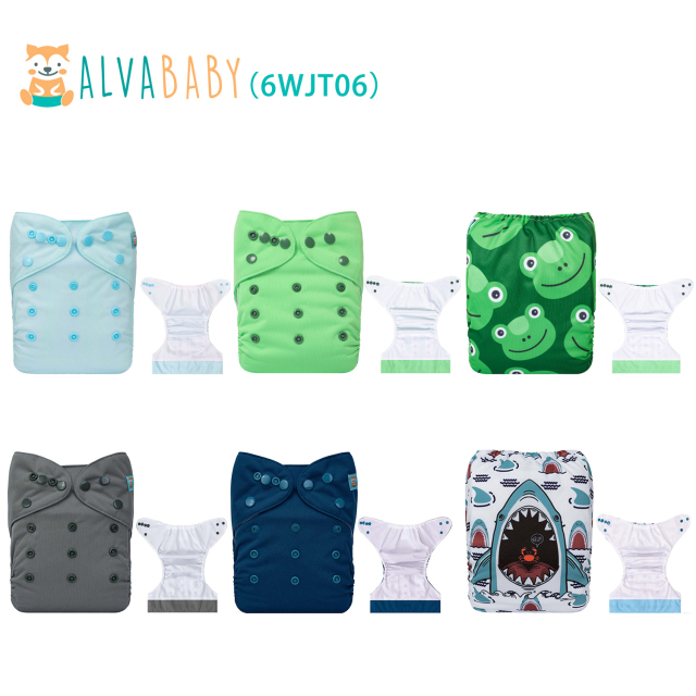 (All packs) ALVABABY AWJ Cloth Diapers 6 Pack with 6pcs 4-Layer-Bamboo-Inserts One Size Adjustable Washable Reusable Pocket Cloth Diapers for Baby Boys and Girls