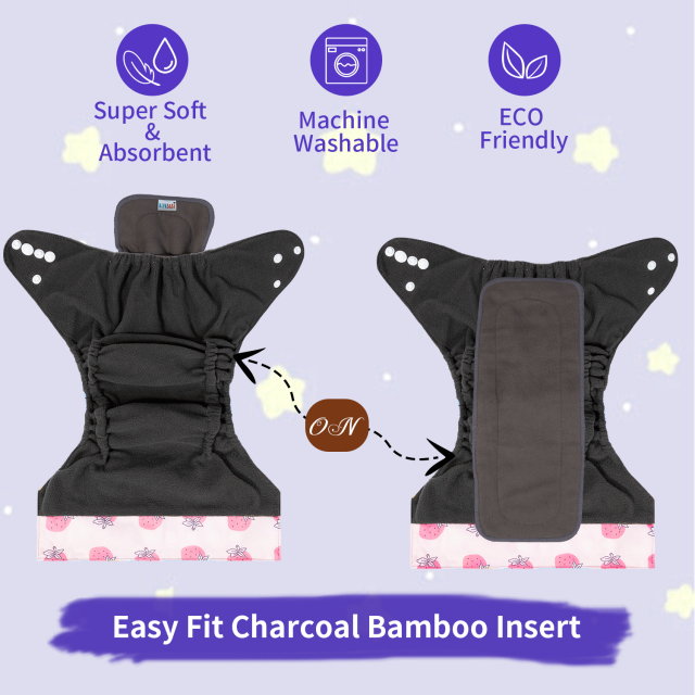 (Multi-Packs) Bamboo Charcoal Cloth Diaper 2.0 with Double Gussets and Tummy Panel Each with 4-layer-Charcoal-Blend Insert