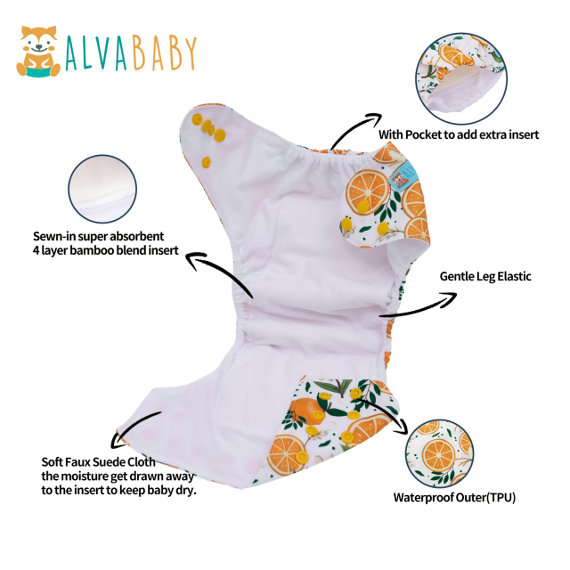 All In One Diaper with Pocket Sewn-in one 4-layer Bamboo blend insert-Orange(AO-EW15A)