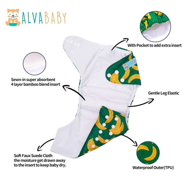 All In One Diaper with Pocket Sewn-in one 4-layer Bamboo blend insert-Banana(AO-EW14A)
