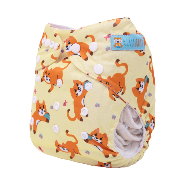 ALVABABY One Size Positioning Printed Cloth Diaper-Cat(YDP238A)