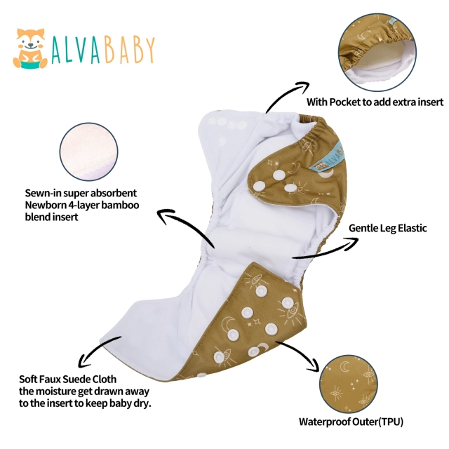 Newborn all In One Diaper with Pocket Sewn-in one Newborn 4-layer Bamboo blend insert-(SAO-EW07A)