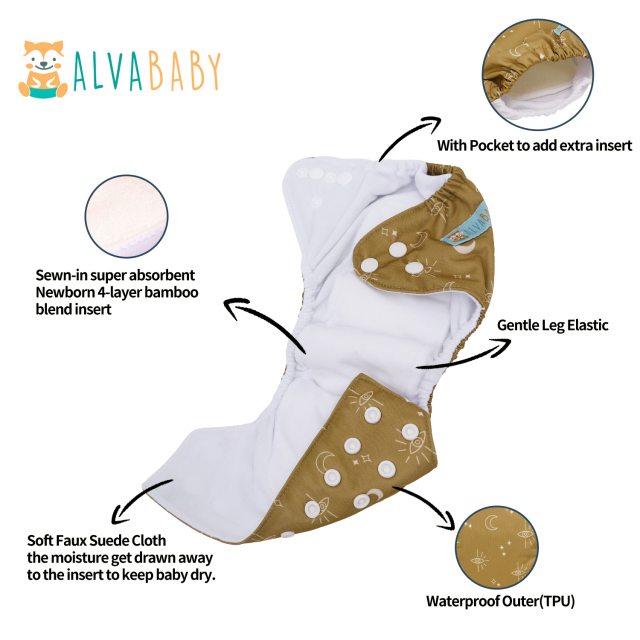Newborn all In One Diaper with Pocket Sewn-in one Newborn 4-layer Bamboo blend insert-(SAO-EW07A)