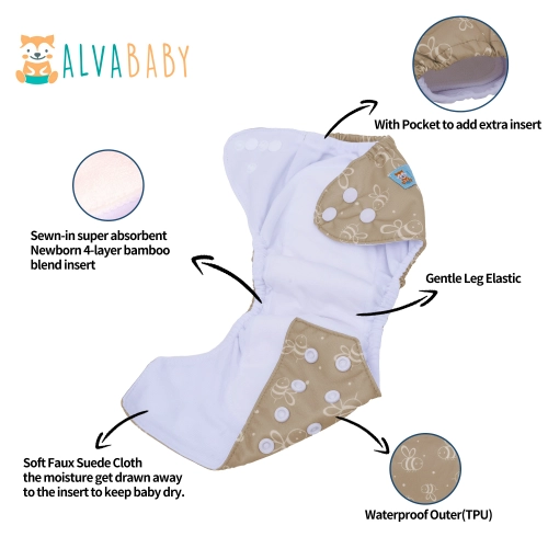 ALVABABY Cloth Diaper 6 Packs Nappies With 12 Icrofiber Inserts Reusable Washable Adjustable