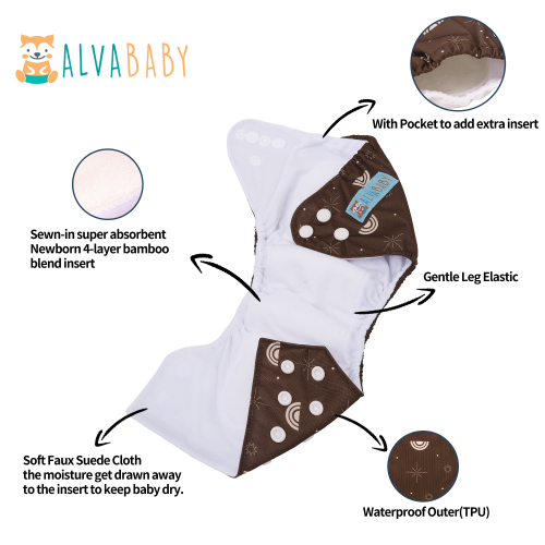 Newborn all In One Diaper with Pocket Sewn-in one Newborn 4-layer Bamboo blend insert-(SAO-EW10A)