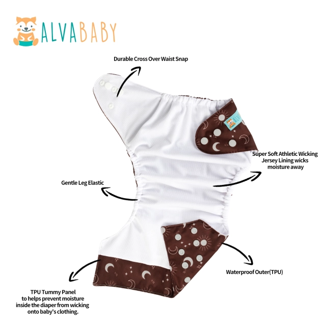ALVABABY AWJ Lining Cloth Diaper with Tummy Panel for Babies -Moon & Sun (WJT-EW08A)