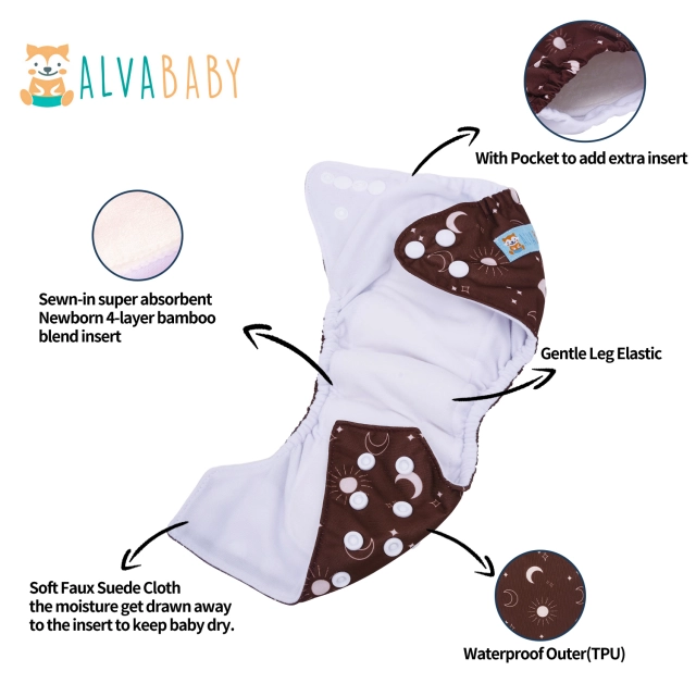 Newborn all In One Diaper with Pocket Sewn-in one Newborn 4-layer Bamboo blend insert-(SAO-EW08A)