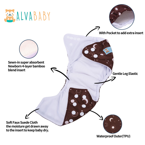 Newborn all In One Diaper with Pocket Sewn-in one Newborn 4-layer Bamboo blend insert-(SAO-EW08A)