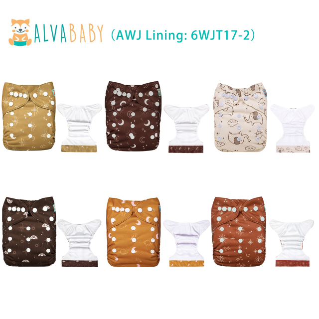 (All packs) ALVABABY AWJ Cloth Diapers 6 Pack with 6pcs 4-Layer-Bamboo-Inserts One Size Adjustable Washable Reusable Pocket Cloth Diapers for Baby Boys and Girls