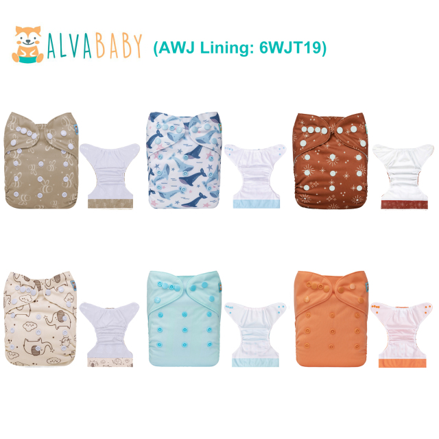 (All packs) ALVABABY AWJ Cloth Diapers 6 Pack with 6pcs 4-Layer-Bamboo-Inserts One Size Adjustable Washable Reusable Pocket Cloth Diapers for Baby Boys and Girls