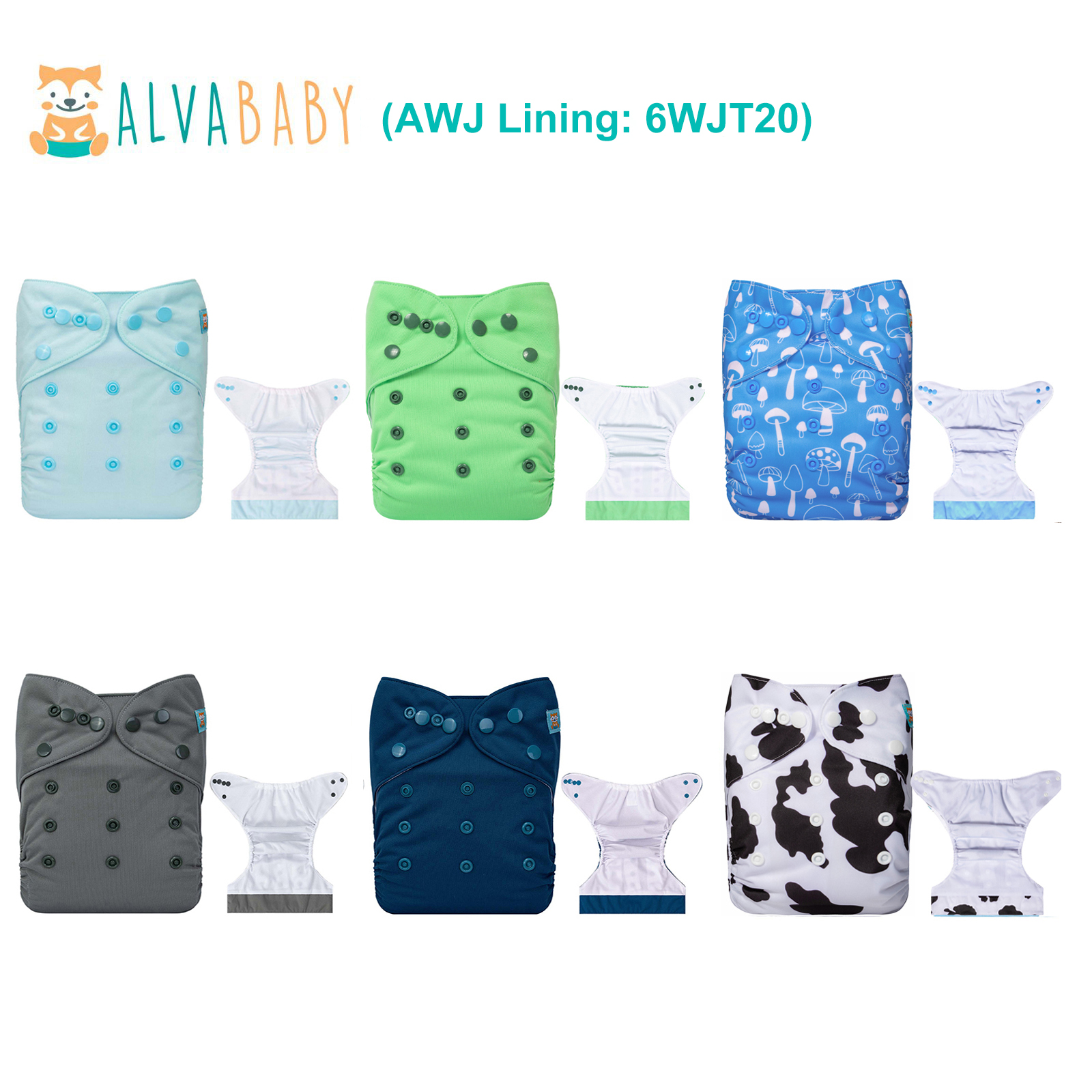 6-Pack AWJ Cloth Diapers with 6 Bamboo Inserts (4 Layers) - One Size Adjustable & Reusable Pocket Diapers for Summer