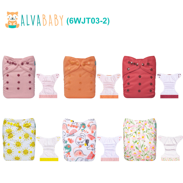 (All packs) ALVABABY AWJ Cloth Diapers 6 Pack with 6pcs 4-Layer-Bamboo-Inserts One Size Adjustable Washable Reusable Pocket Cloth Diapers for Baby Boys and Girls